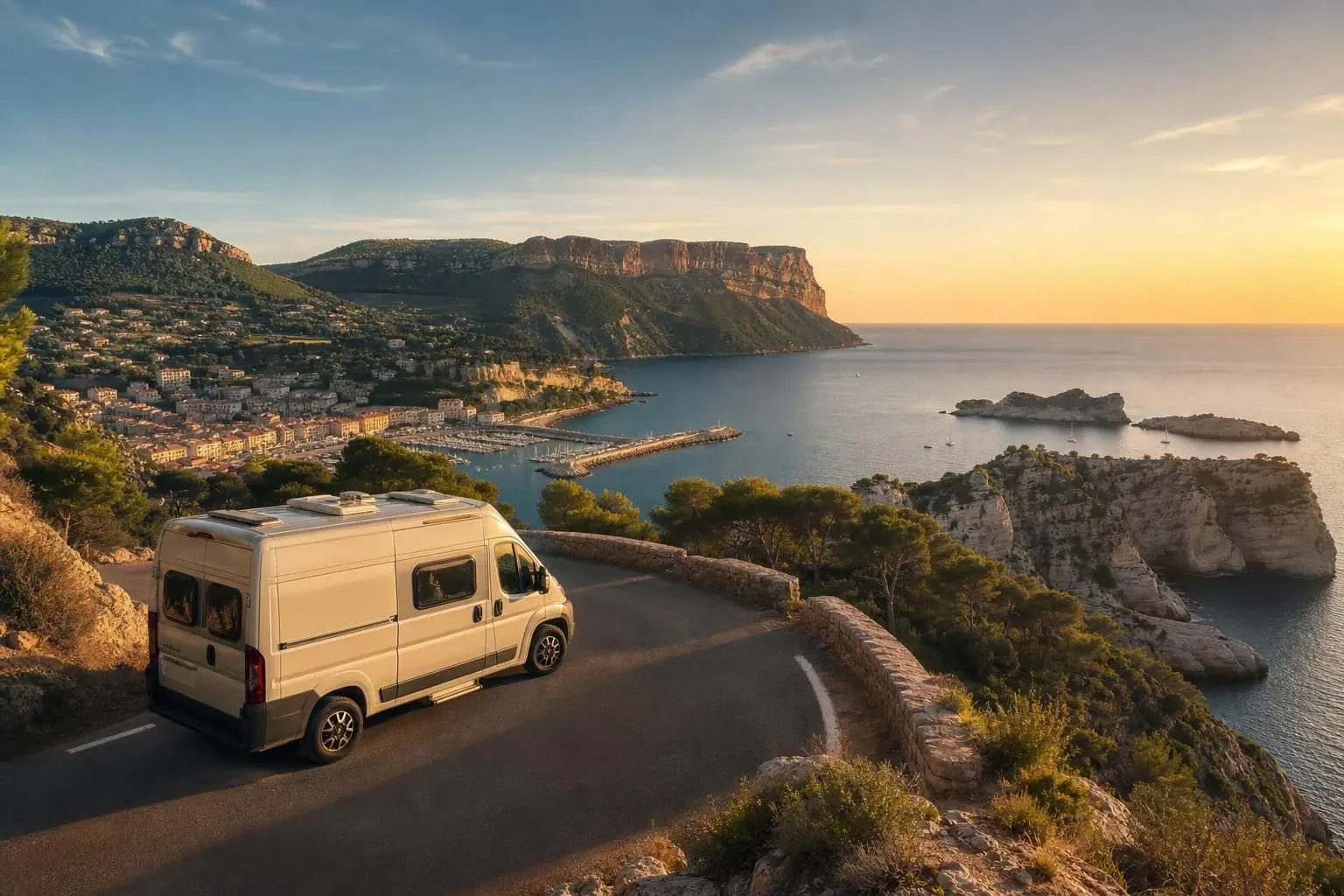 Fourgon aménagé blanc vu de trois-quarts arrière sur une route en lacet surplombant le port et le village de Cassis au coucher du soleil, hautes falaises et îlots rocheux à l'horizon