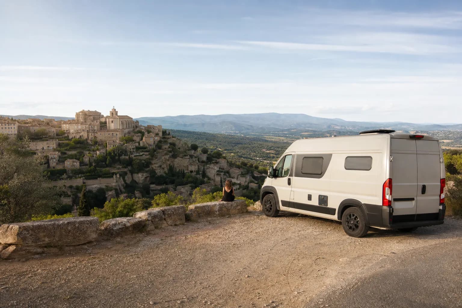 Fourgon aménagé blanc vu de trois-quarts arrière, garé sur une esplanade en terre en surplomb d'un village perché provençal, une passagère assise sur un muret de pierre face au paysage, un olivier au premier plan