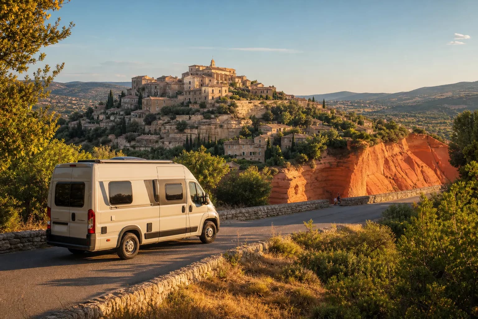 Van aménagé blanc vu de trois-quarts arrière sur une route de crête en fin de journée, un village provençal perché sur un piton rocheux à gauche et des falaises d'ocre rouge à droite