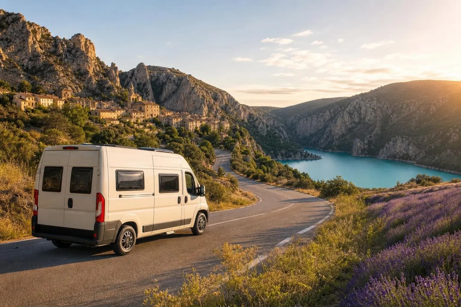 Van aménagé blanc vu de trois-quarts arrière sur une route en lacet dominant un village de pierre accroché à la falaise, des gorges rocheuses, un lac turquoise en contrebas et un champ de lavande au premier plan